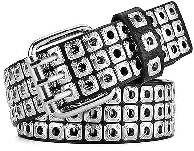 WILsem Leder Blet Gothic Punk Kleid Metall Männer Nieten Gürtel Vintage Silber Gole Dornschließe Bund, weiß, 110 cm