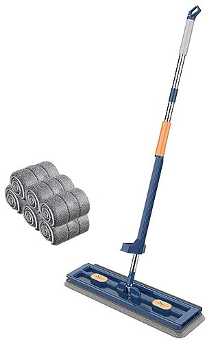 Großer Flachmop,Flacher Wischmopp,360° Drehgelenk Bodenwischer Set Flachmopp mit Wiederverwendbaren Mikrofaser-Wischpads,Flach Mopp Wischmopp mit Auswringfunktion for Alle Böden (Blaues+6 Tuch)