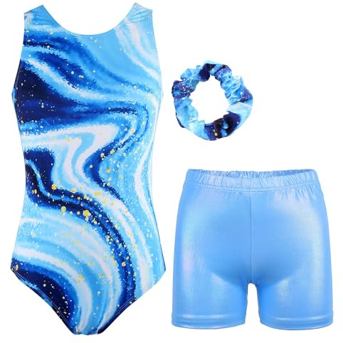JESKIDS Gymnastics Leotards for Girls Dance Unitards Biketards Matching Shorts Activewear Suits for Girls 12-13 Years Milky Way