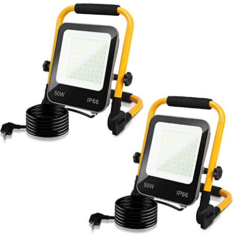 Fiqops LED Baustrahler 50W 2x, LED Arbeitsleuchter Fluter 5100LM, Austellenlampe Strahler, IP66 Wasserdicht, Tragbar Arbeitsscheinwerfer 6000K Kaltweiß Baulampe, 3M Kabel, für Werkstatt Garage