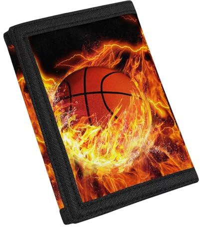 Coldinair Basketball Kids Wallets for Boys for Kids 4-18 Boys Canvas Trifold Wallet Toddler Sport Ball on Fire Flame Wallet for Boy With Card Holders, Black Novelty Wallet for Childrens
