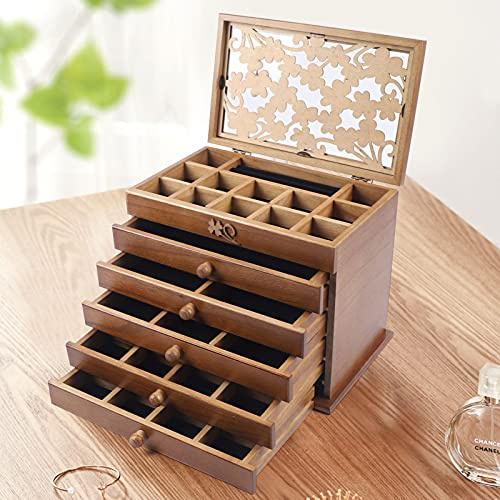 KEESUNG 6 Ebenen Großer Schmuckkasten Holz Mit 5 Schubladen - Vintage Schmuckbox Organizer Mit Großer Kapazität