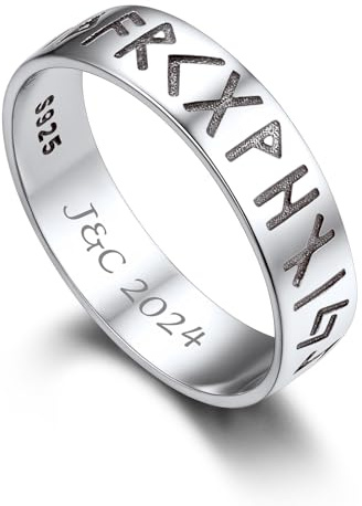 Bandmax Ring mit Runen Ringe Silber 925 Rings Herren 5mm breit Bandring Größe 64mm Fingerringe mit Gravur Namen Silberringe Siegelring Wikingerschmuck für Verlobung