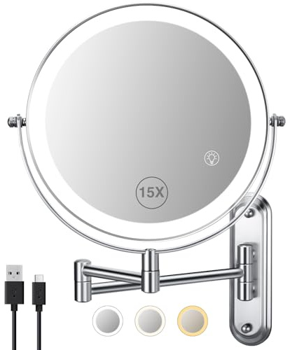 VORREMIRR Wandmontierter Make-up-Spiegel - 15x Vergrößerungs Extended Arm Spiegel, 3 Farben Lichter & 360 ° drehbarer Eitelkeitsspiegel, 8,5 Zoll Badezimmerspiegel für Wandmontage - Chrome