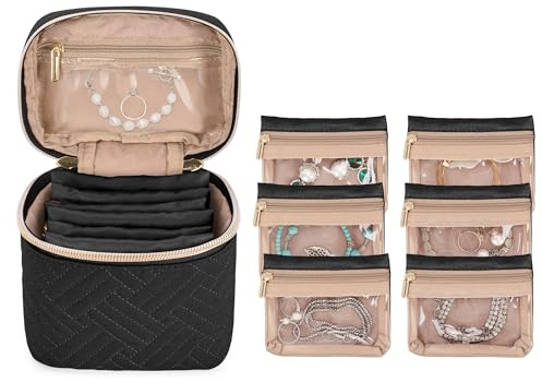 Teamoy Bolsa de Viaje para Joyas con 6 Bolsillos con Cremallera, Negro | Bolsa Portátil Organizadora de Viaje para Collares, Pulseras, Pendientes y Anillos