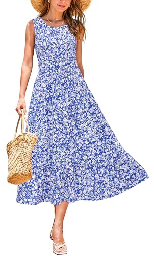 STYLEWORD Women's Summer Dress Ladies Sleeveless Floral Midi Dresses Ladies A Line Swing Casual Sundress with Pockets