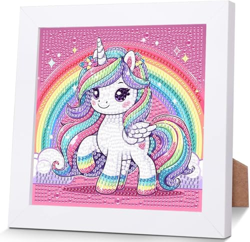 luckyarina Einhorn Diamond Painting Kinder mit Rahmen- Tiere Diamant Painting Bilder kinder, Niedlich Mosaik Bastelset Kinder als Geschenk für Home Wand Décor (18X18 CM)