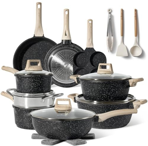 Just Perfecto pots and Pans Sets Non Stick, Induction hob pan Set, Saucepan Set, Non Stick Frying pan Set with lid Stock Pot, deep Frying pan, pots and Pans Set Granite cookware Set (21 Pcs Black)
