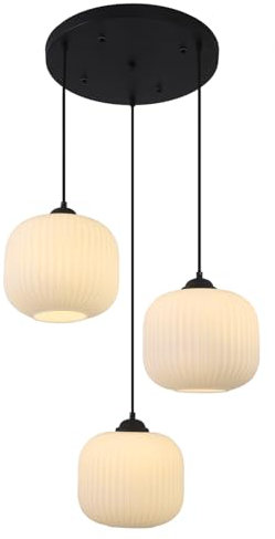 KCO Iluminación colgante de 3 luces, lámpara de araña moderna de globo esmerilado, lámpara de araña vintage de cristal de leche, lámpara de araña negra contemporánea para sala de estar y comedor