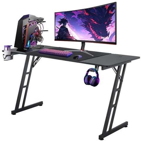 Kidsgigglz Bureau Table Gaming 140x60cm Fibre de Carbone Z Forme Bureau Informatique Ergonomique Porte Gobelet Casque