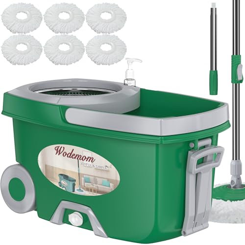 Mopa giratoria de doble compartimento y cubo, fregona y cubo con juego de escurridor, fregona giratoria de 360° para limpieza de suelos con 6 cabezales de repuesto de microfibra, mango extendido de 61