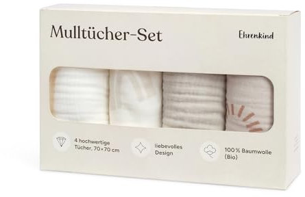 Ehrenkind® Mulltücher Baby 70x70 cm Premium Spucktücher für Neugeborene | Weiche Musselintücher im 4er-Set | Perfekt als Neugeborenen Geschenk & Baby Erstausstattung | Beige