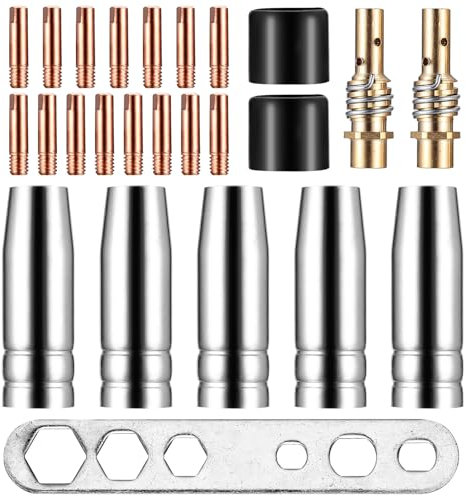 Tenbrachian 25 Stk Verschleißteile Set, Schweißzubehör für AK-15/MB-15 Schutzgasschweißgerät Zubehör: 5 x Gasdüsen, 15 x M6 0,8 mm Powerdüsen, 2 x Düsenstiel, 2 x Isolatoren, 1 x Schraubenschlüssel