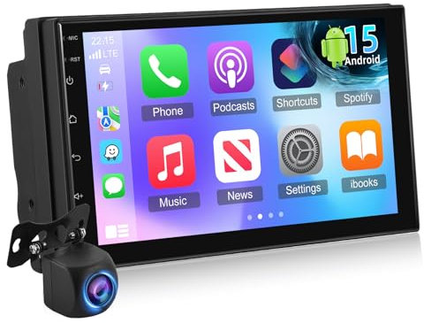 NHOPEEW Autoradio 2 DIN 4+64G con sistema Android 15 - Radio da 7 pollici con CarPlay e Android Auto wireless, supporto WiFi, GPS, Mirror Link, comandi al volante + telecamera posteriore