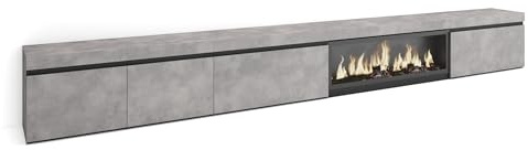 Skraut Home | Mueble TV | Televisión | Muebles de salón, almacenaje | 368x45x35 | Chimenea eléctrica XXL | Estilo Moderno | Cemento