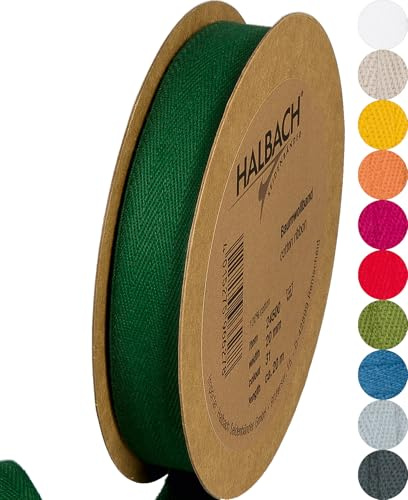Halbach Sidenband bomullsband | 20 mm x 20 m | vävband 100% bomull | Band för pyssel som metervara | tygband för dekorationer, gör-det-själv-hantverk, snedband sömnadsarbeten, färg: grangrön