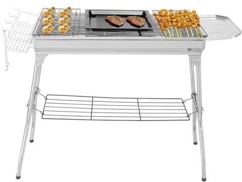 LEADZM Barbecue Charbon de Bois en Acier Inoxydable – Pliant et Portable (100x31x71cm déplié) – Pour 5-10 Personnes – Idéal Camping, Terrasse & Extérieur