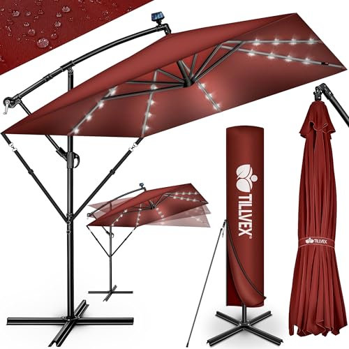 tillvex® Parasol déporté LED solaire Rectangulaire Ø330cm + Housse de Protection & contre le vent | Parasol à manivelle carré + support | pour le jardin Extérieur