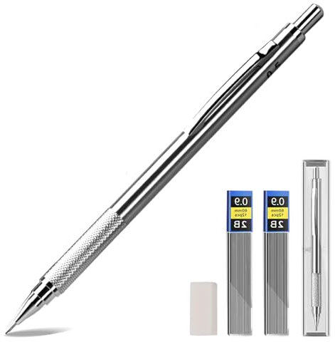 Druckbleistift, 2 mm, 2B, Metall, mit 8 Minen und 4 Radiergummis zum Schreiben, Zeichnen, Skizzieren