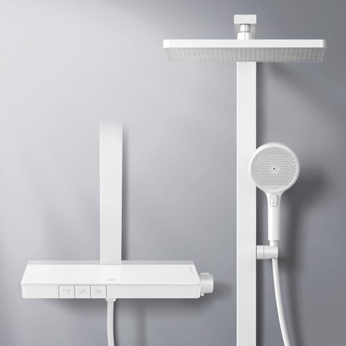 EMKE Duschsystem mit Thermostat Brauseset mit 36x24cm Regenduschkopf, Regendusche mit Thermostat Handbrause mit 4 Strahlstärken, Regendusche mit Glasablage, KTW-Zertifizierung, Weiß Matt
