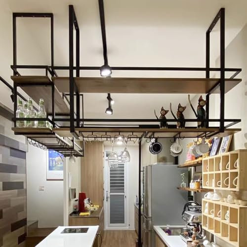 AYVADA Bars Storage Holder Wine Racks Ceiling Mounted Hanging Shelf with Stemware Racks, Floating Planter Shelves Flower Plant Stand - Kitchen Pot Pan Rack(60x30x80cm)
