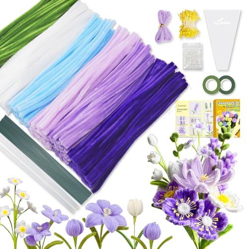 iDattel Pfeifenreiniger blumen set,500 Stück Pfeifenputzer zum basteln in 6 Farben,Pfeifenreiniger blumen Mit Blumenstöcke,Klebebandrollen,Klebestifte,Anleitungen,Staubgefäße,Lidschatten（Lila）