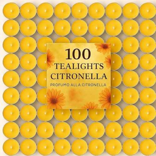 Citronella Tealight Antizanzare, Set da 25/50/100 Pezzi, Candele Profumate per Esterni, Giardino, Terrazzo (100)