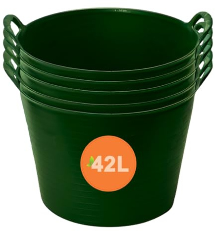 EarlyGrow 42L Flexi Tub with Handles - Pack of 5 - Large Plastic Storage Container for Garden Waste & Building Materials - Robust Stackable Bucket for Home, Car, Washing & DIY Projects