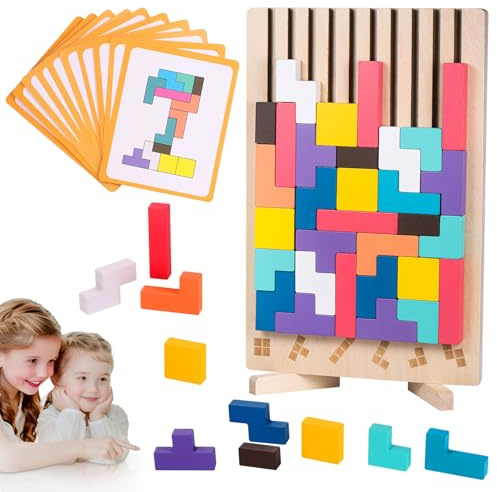 MICHIHOMIE Träpussel Tetris, pedagogiska leksaker, Montessori-spel 3-4 5 6 år, intelligens Jigsaw, hjärnleksaker, färgglada, geometriska block tetris, gåva för barn