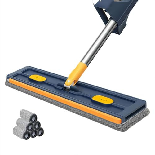 Trapeador plano grande, giratorio de 360°, mopa plana con mango largo de acero inoxidable, con 6 almohadillas de microfibra reutilizables secas y húmedas, fortil, limpieza rápida