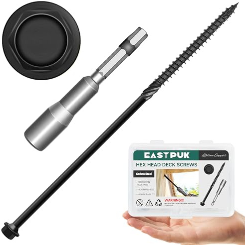 EASTPUK #14 x 8 Inch Wood Screws, 20-Pack Hex Head Lag Screw, Black Coating Carbon Steel Deck Screws for Timber, Log, and Landscape Wood Applications
