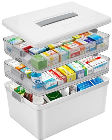JIVIMOCO 3-Tier Medikamenten Aufbewahrung.34 * 24.5 * 22cm, Extra Große Kapazität Medikamentenbox mit Tragbarer, Hausapotheke Box Groß,Multifunktions Medizin Organizer