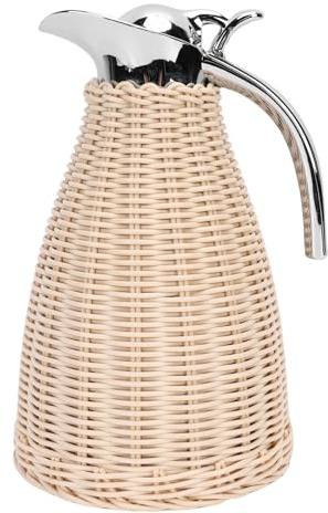 Fockety Jarra térmica de ratán, jarra térmica de acero inoxidable para café de 1,5 l con cuerpo de ratán hecho a mano, jarra aislante de triple pared para líquidos calientes (Beige)