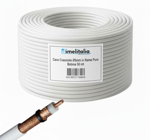dimelitalia Cavo Coassiale TV, Rame Puro, 75 Ohm, 5mm, Bianco, Schermatura Classe B, PVC Flessibile, 50 Metri, Collagamenti Trasmissioni Segnali