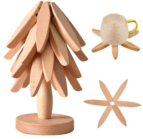 YuXinCat Baumförmige Holzuntersetzer für heiße Speisen, Topfuntersetzer, 4er Set + Ständer für heiße Gerichte, Töpfe, Schalen, Teekannen, Hitzeschutz (Buche)