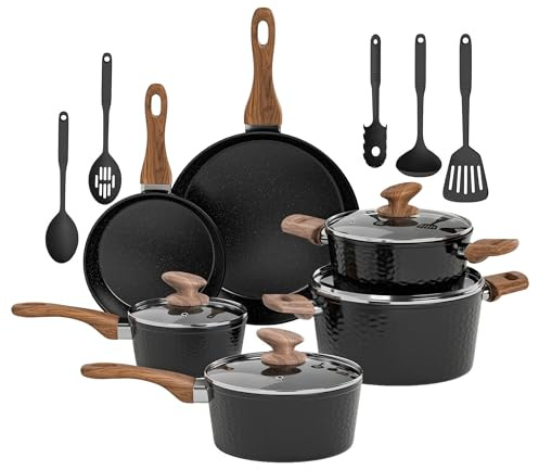 Kitchen Academy Topfset Antihaft Beschichteter, Topf Induktion 15tlg | Töpfe Set Pfannenset Pfannen mit Glasdeckeln Granit Kochtopf Bratpfanne mit Deckel Kochtopfset für Alle Herdarten Schwarz