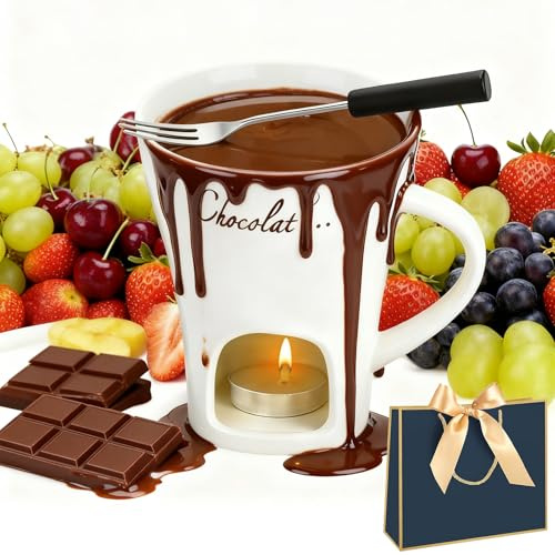 NNBWLMAEE Schokoladenfondue Tasse, Fondue Tasse mit Teelicht und Gabel, Keramik Schoko Fondue Tassen, Tasse mit Teelicht Schokolade, für Käse, Schokolade, Butter und Karamell (White)