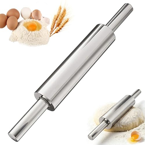 Sqxaldm Mattarello Antiaderente in Acciaio Inossidabile, con Manico a Rullo, Accessorio da Forno per Fondente, Biscotti, Chapati, Gnocchi, Pane, Pizza, Torte, Pasta (43 cm, Argento)