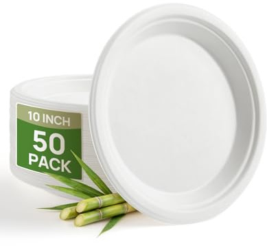 Goodluck 10 Inch Paper Plates,50 Pack Disposable Sugarcane Plates