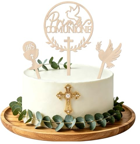 Topper Torta Prima Comunione Legno 3pcs, Cake Topper Comunione con Calice Piccione, Addobbi Torta Cresima per Bambini Decorazione Torta Cupcake Battesimo Festa