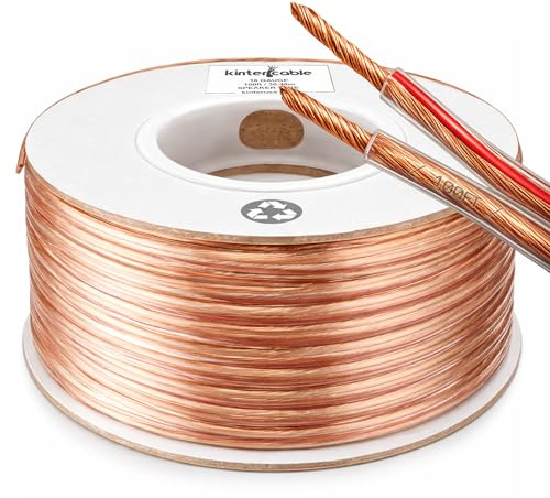 Kinter Cable 100ft 16-Gauge Audio Stereo Speaker Wire Cable, 100 Feet, 30.48 Meters, 2 Conductor, Polarity Marked, Flexible Clear PVC, CCA, Home Theater, HiFi, Surround or Auto Amps