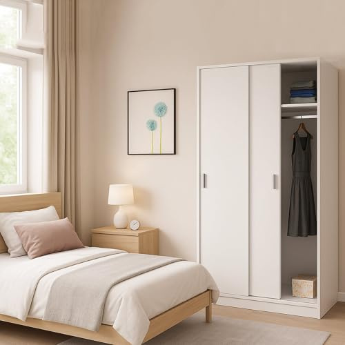 Dmora - Guardaroba 2 ante Lansing, Armadio per camera da letto, Mobile con ripiano e barra appendiabiti, 100x50h200 cm, Bianco