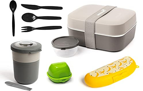 Harfield Tableware Lunch Box Set Grey 10 Pieces Small Cutlery Banana Apple Case On The Go 2 Compartment Bowl & Spork