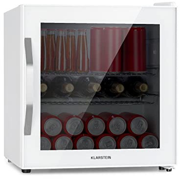 KLARSTEIN Nevera Pequeña Puerta Cristal Habitaciones, Nevera Portatil Electrica, Mini Nevera Pequeña para Bebidas, Frigorificos Pequeños 47L, Mini Frigorifico con Estantes, Neveras Pequeñas