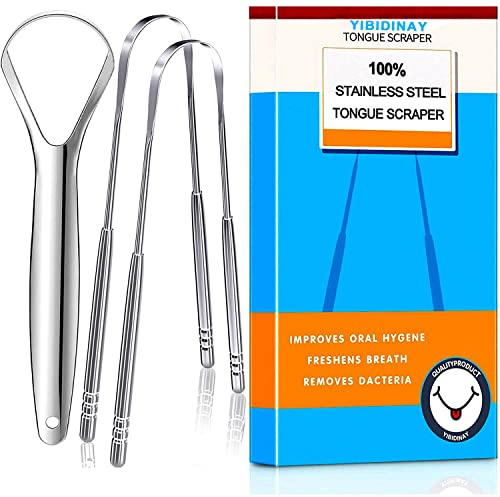 ATETEO Tongue Scraper, 3 Pack 100% (Medical Grade) Professional Stainless Steel Tounge Scrappers，Tongue Cleaner Great for Banishes Bad Breath and Maintains Oral Care, Silver