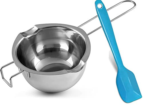Darkyoun Ciotola per bagnomaria, in acciaio inox 304, con spatola blu, per sciogliere, cioccolato, candele, cera, zucchero, burro, formaggio, caramello (400 ml)