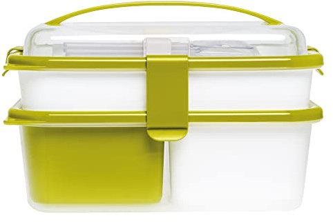 Omada Design Lunch Box da 1L + 2L con Posate, Porta Pranzo Rettangolare, Antibatterico, Made in Italy, Linea Sanaliving | Set Porta Pranzo 3 Contenitori, con Manico per Trasporto, Scomponibile e Lavabile in Lavastoviglie, Collezione Sanaliving
