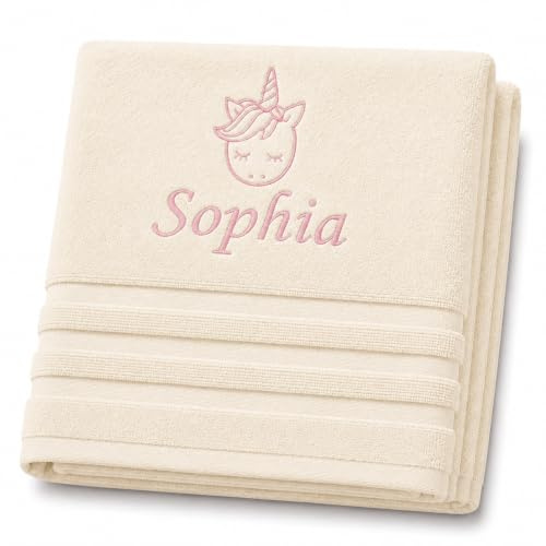 Pet-Jos Einhorn Personalisiertes Handtuch mit Namen Schön gestickter Name Handbadetuch 100% Baumwollhandtuch Personalized Custom Towel with Name (100 x 50 cm, Einhorn)
