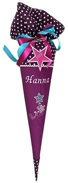 Glückspilz Schultüte mit Namen personalisiert, STERNE, Zuckertüte aus Stoff genäht, mit Kissen + Rohling, LILA, mit Anhänger
