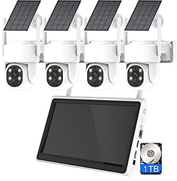 AKAVIG Sistema di telecamere di sicurezza solare per esterni con monitor, 4 telecamere e hard disk da 1T, kit NVR di sicurezza dell'energia solare WiFi wireless da 4 MP con audio bidirezionale